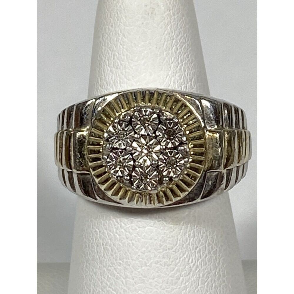925 14K GP Sterling Silver Ring Chunky 7 Diamonds 10.26g Size 6 Vintage Estate